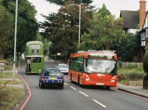 RT604 and 544 cross at Ewell. RT604 was on a 408 on the Leatherhead Running Day.